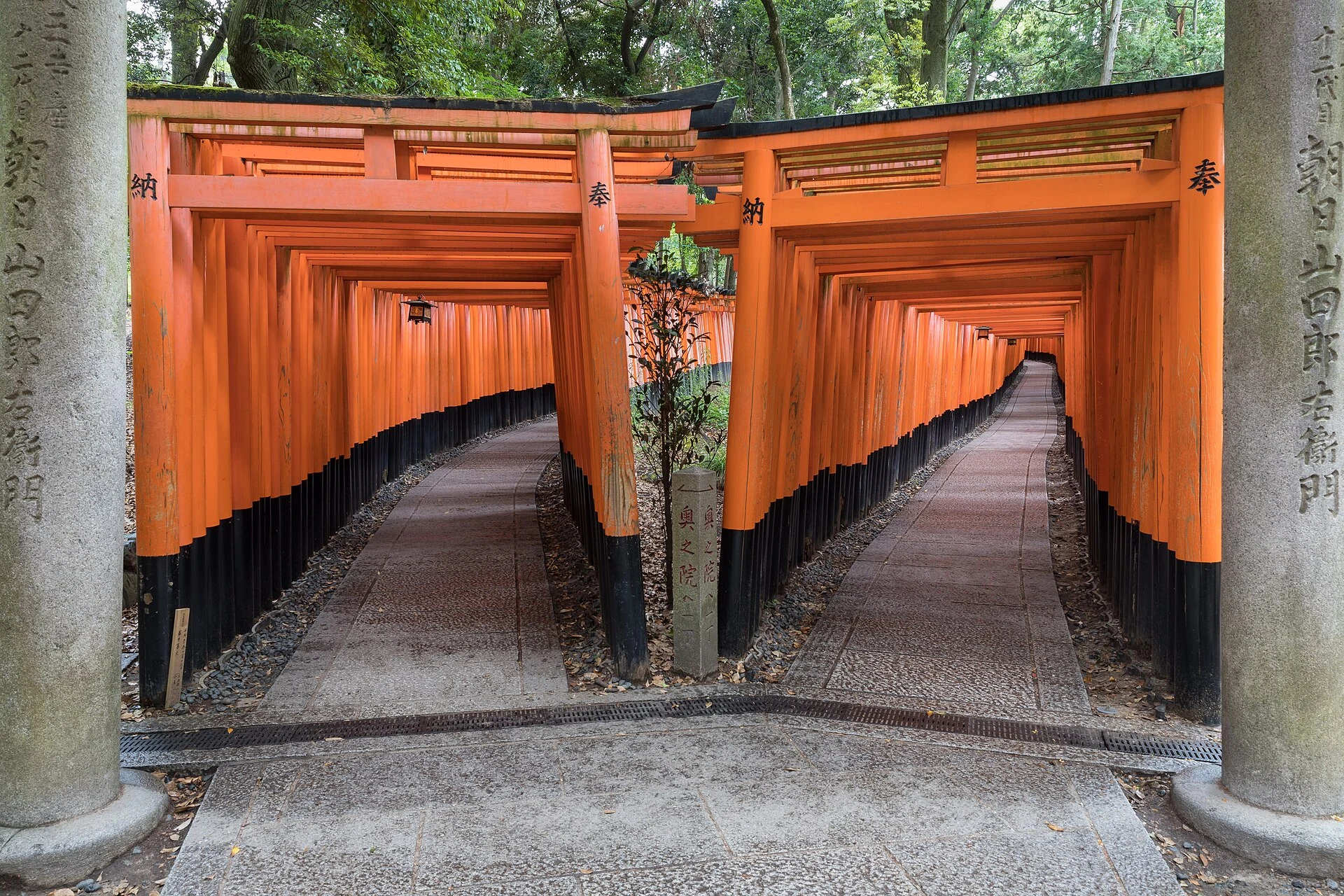 Twin parallel corridors of red torii gates at Fushimi Inari