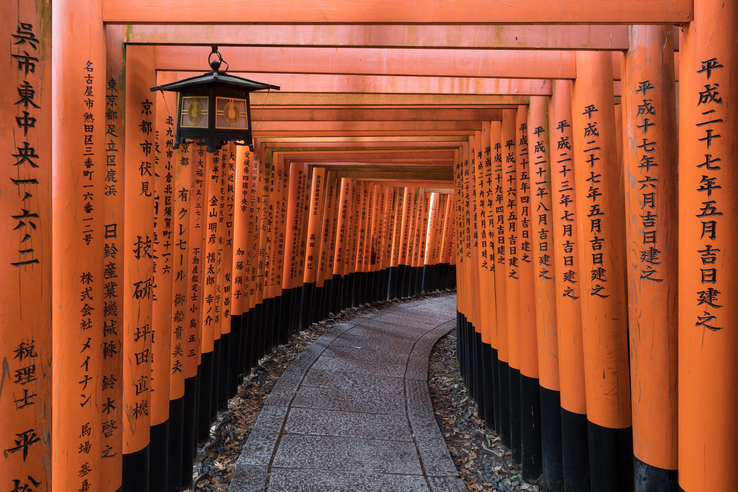 Vermilion torii gates winding through Fushimi Inari shrine