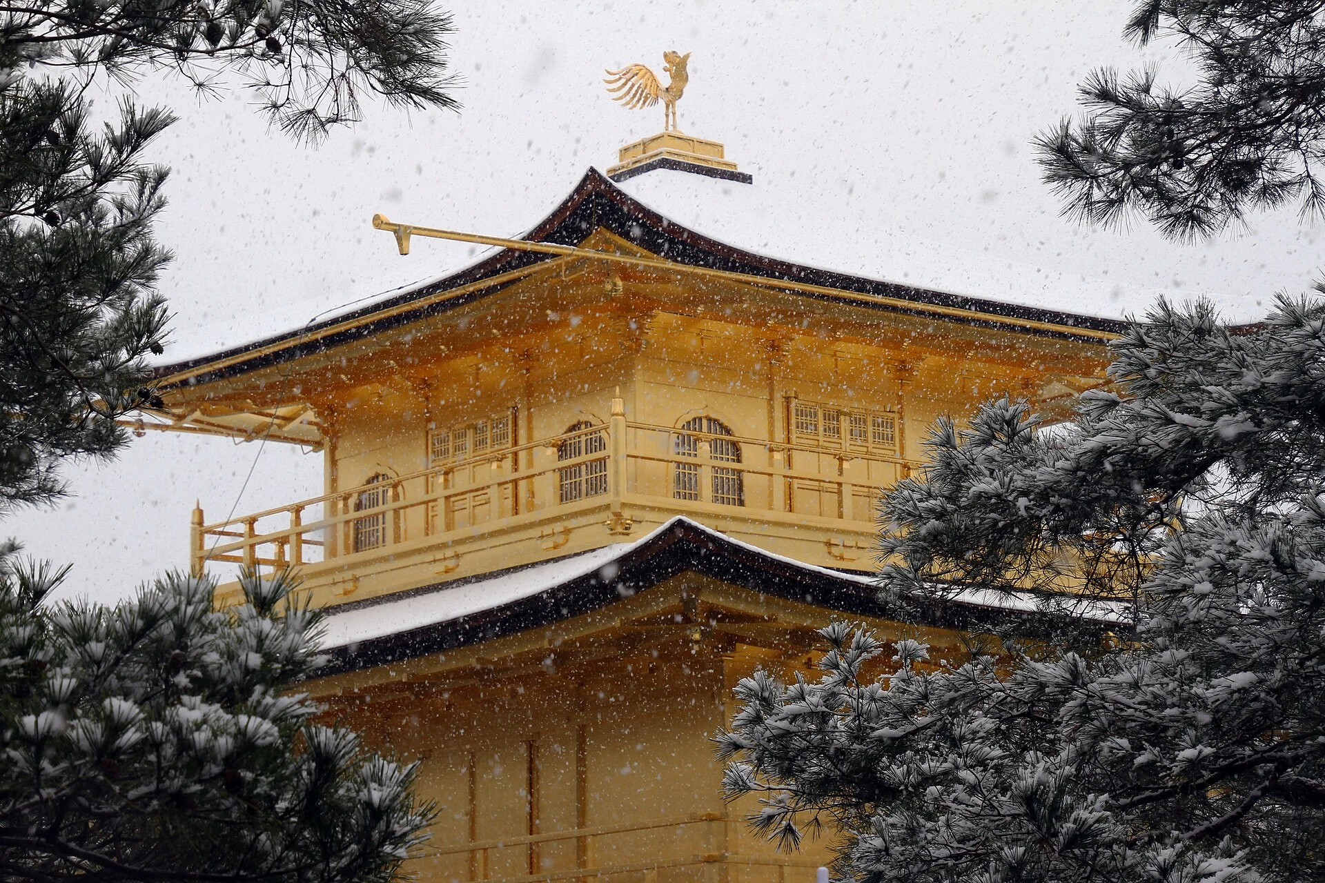 Kinkaku-ji Golden Pavilion covered in winter snow