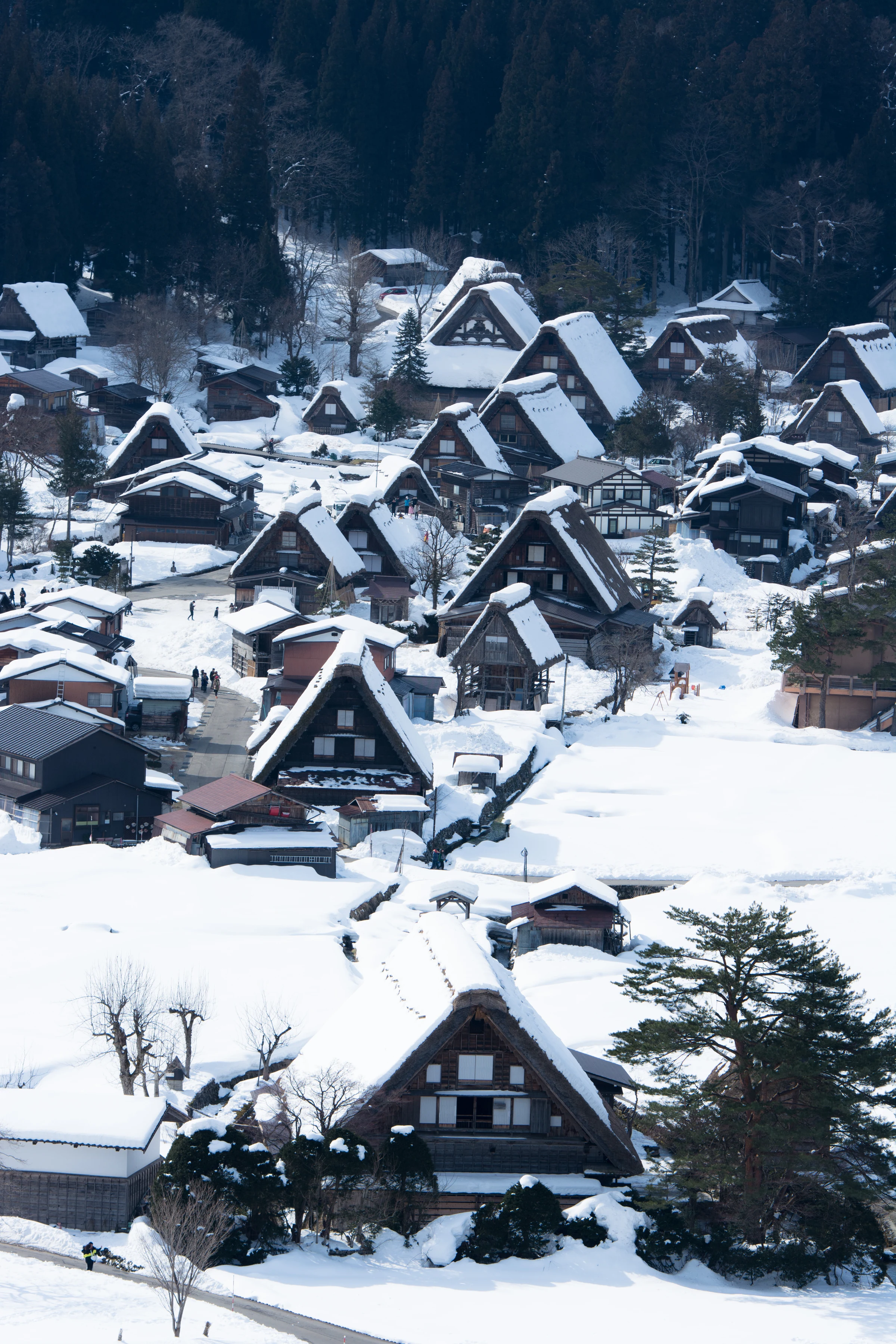 Thick snow blankets the steep thatched roofs of Shirakawa-go