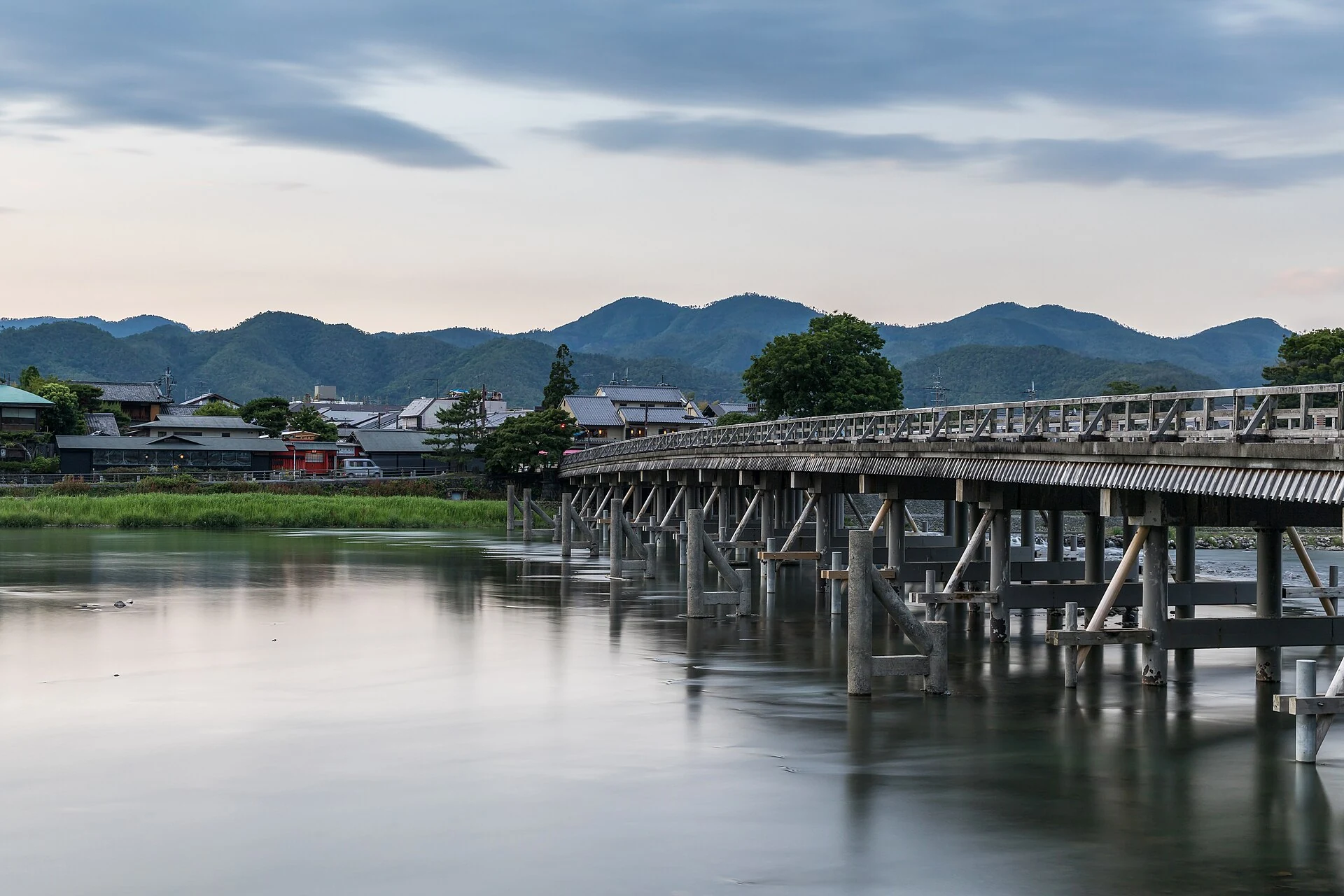 Togetsukyo Bridge at dusk across the Katsura River